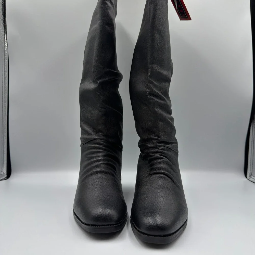 Basic Editions Womens Black Leather Slouchy Tall Boots Size 6 69910 Block Heel